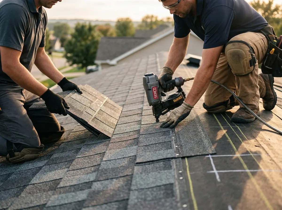Professional roofer working on a residential roof in Fort Washington
